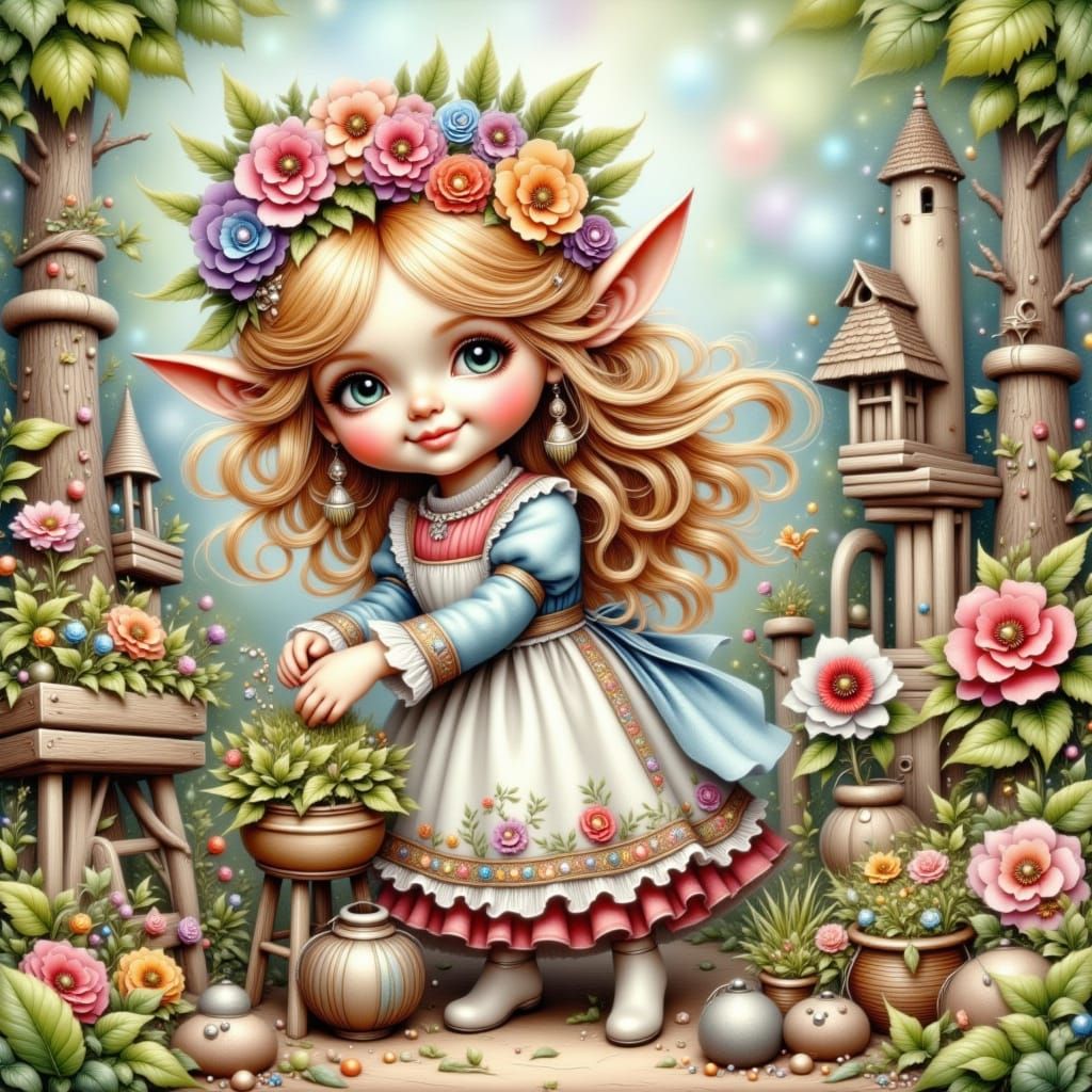 Whimsical Scandinavian Gnome Tending a Vibrant Flower Garden