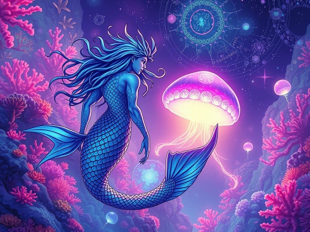 Intricate ornate lineart. A mystica merman with bioluminescent scales, swimming through a coral reef city, detailed brushstrokes. His hair t...