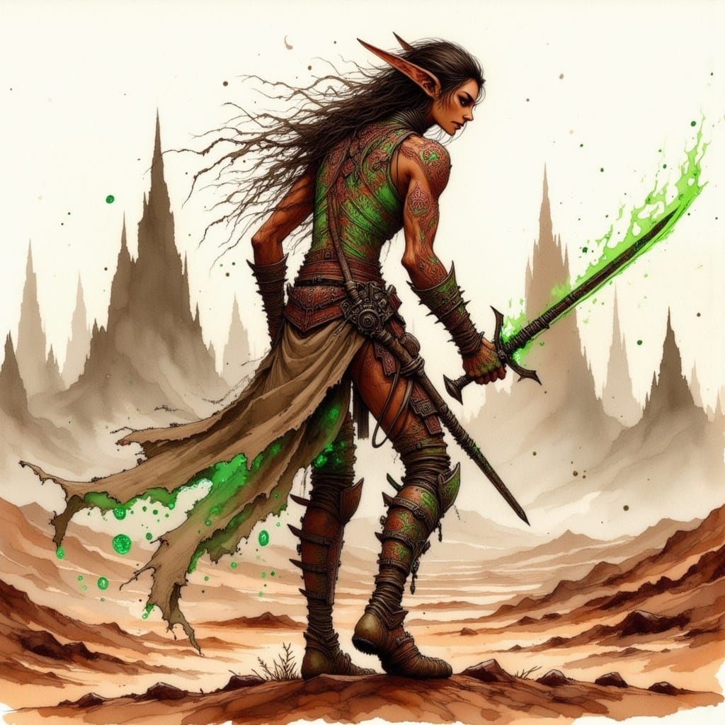 A messy, inked, watercolor painting with browns and muted reds, greens, and blues, in the style of Dana Knutson, Robh Ruppel, and Tony DiTer...