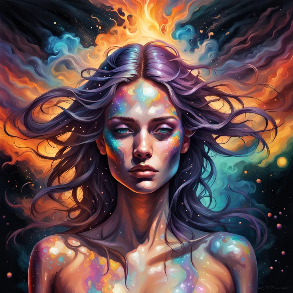 detailed oil painting of shirtless chest pretty female. less...
