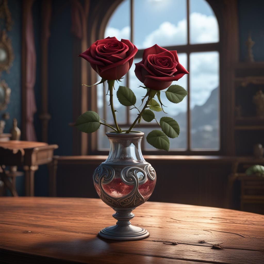 A rose in a vase on a lonely wooden table