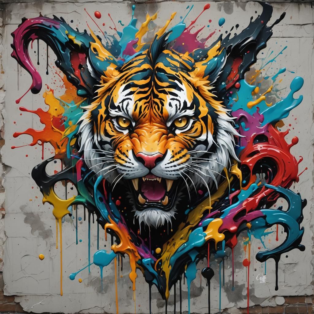 anthropomorphic tiger dragon hexblade, graffiti art, splash ...