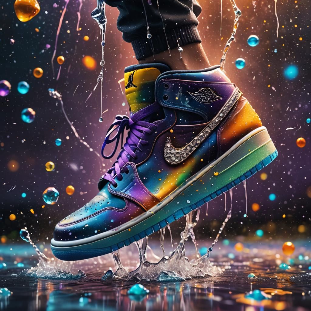 A galaxy and diamond Nike air Jordan one dripping into water...