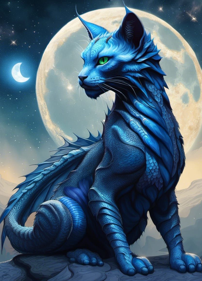 Deep blue space Cat-Dragon   by @Tiny Pearl Cat