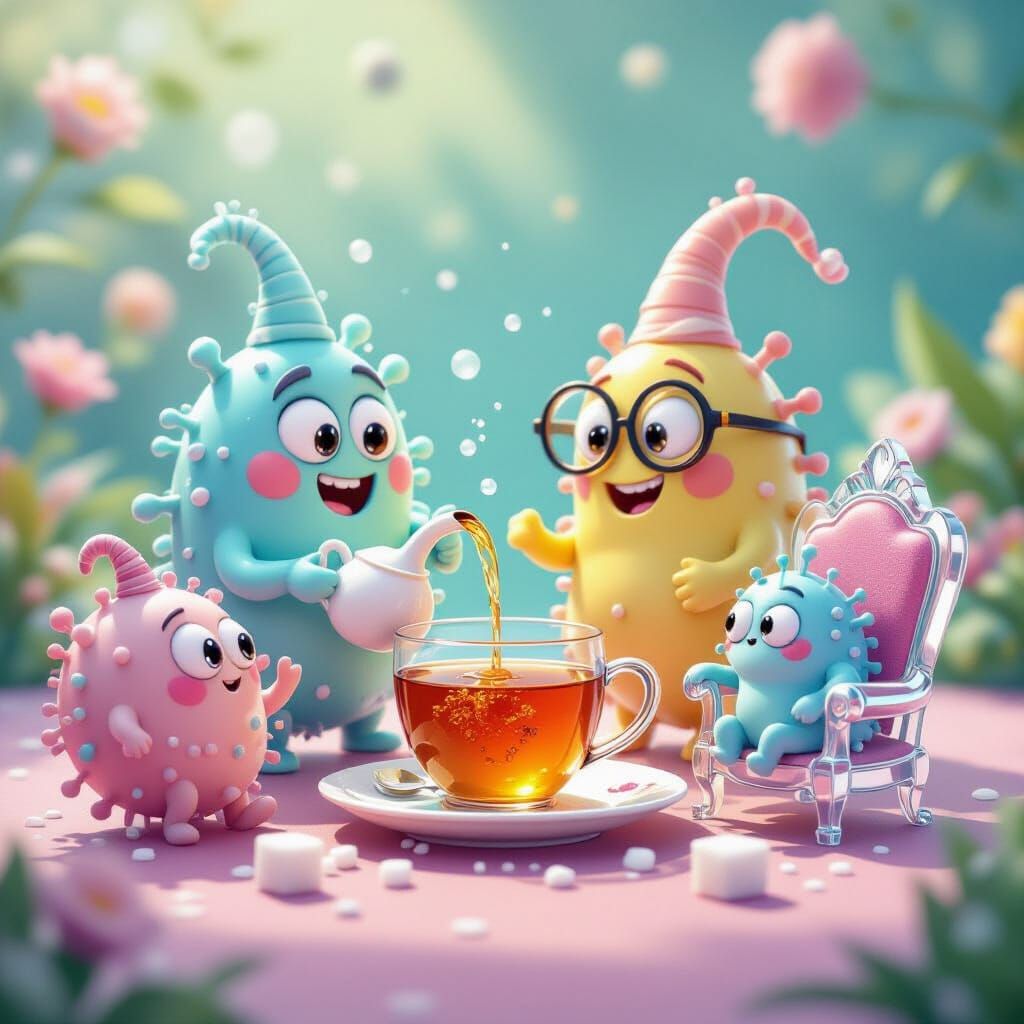 The Microbe Tea Party

A group of silly cartoon microbes gathered around a tiny droplet shaped like a teapot. One germ pours tea using its f...