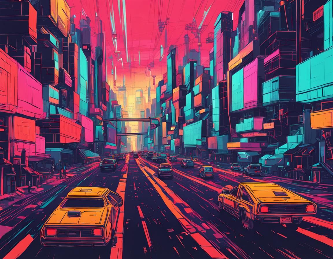 busy road tetradic colors digital illustration futuristic dystopian ...