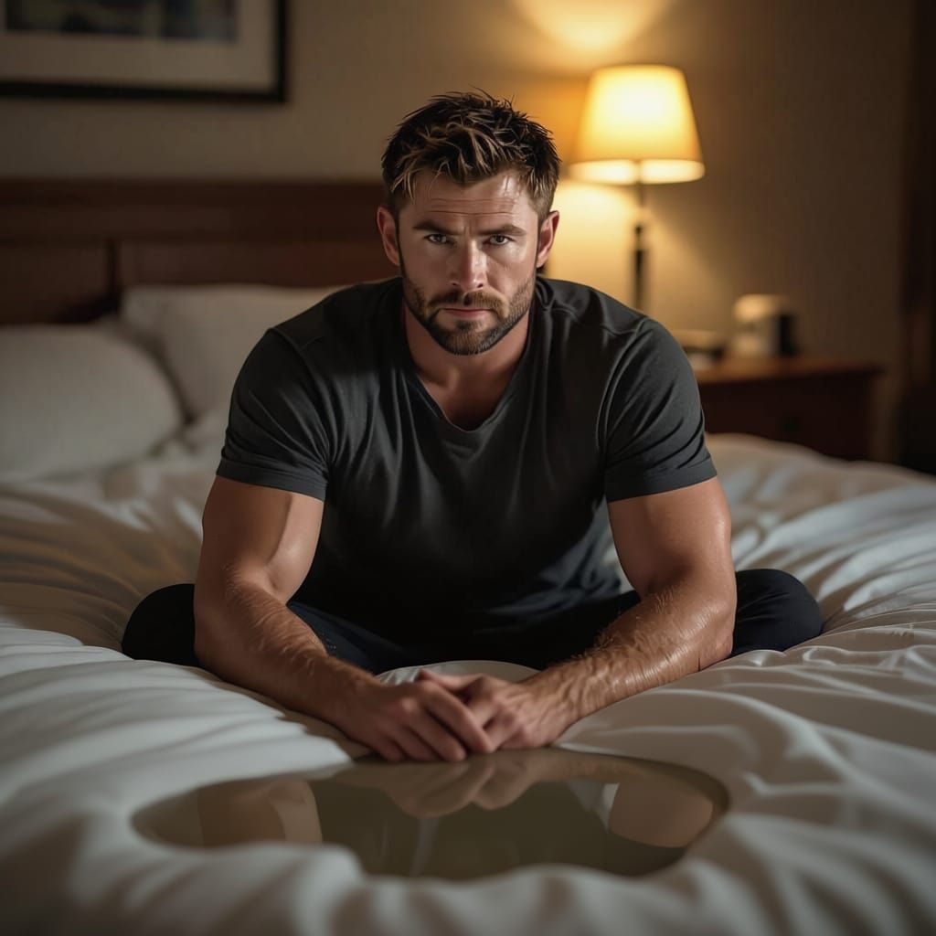 Chris Hemsworth sits in a wet bed, there's puddle on the bed from his bedwetting. 