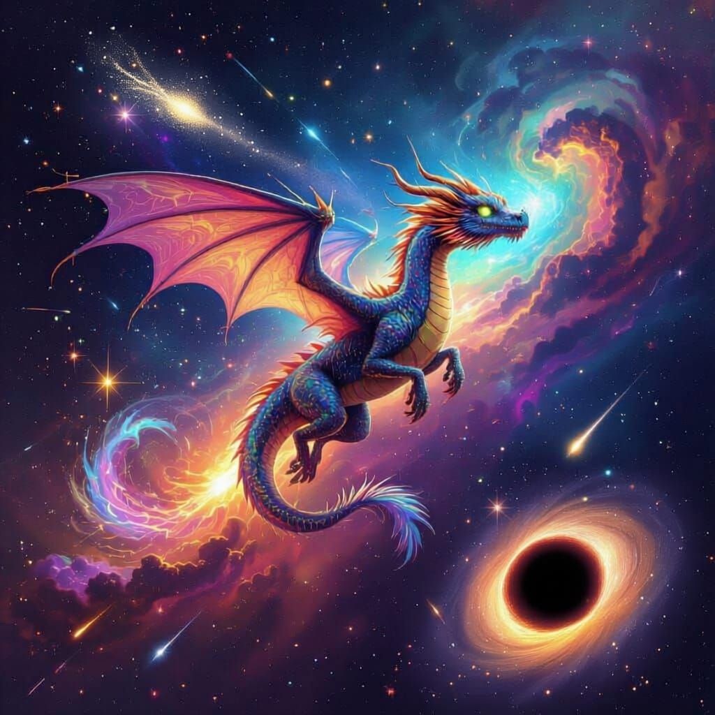 Irridescent Dragon is flying through space. Colored glasses swirl as it passes. Nebula glow vividly. Shooting stars in background