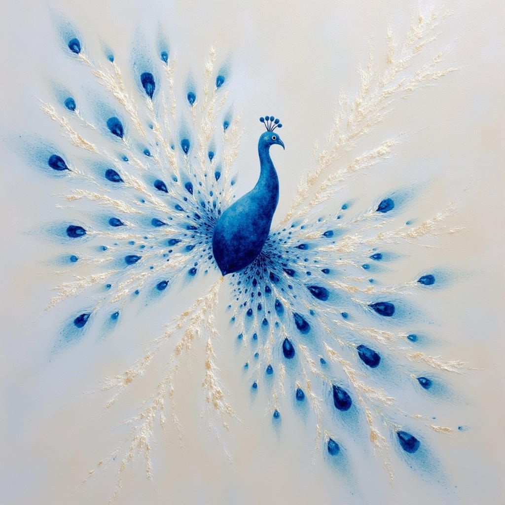 Wall art. Whimsical white and blue peacock in full display, Kay Nielson, Anna Silivonchik, Android Jones <lora:Geo gos:1.0>