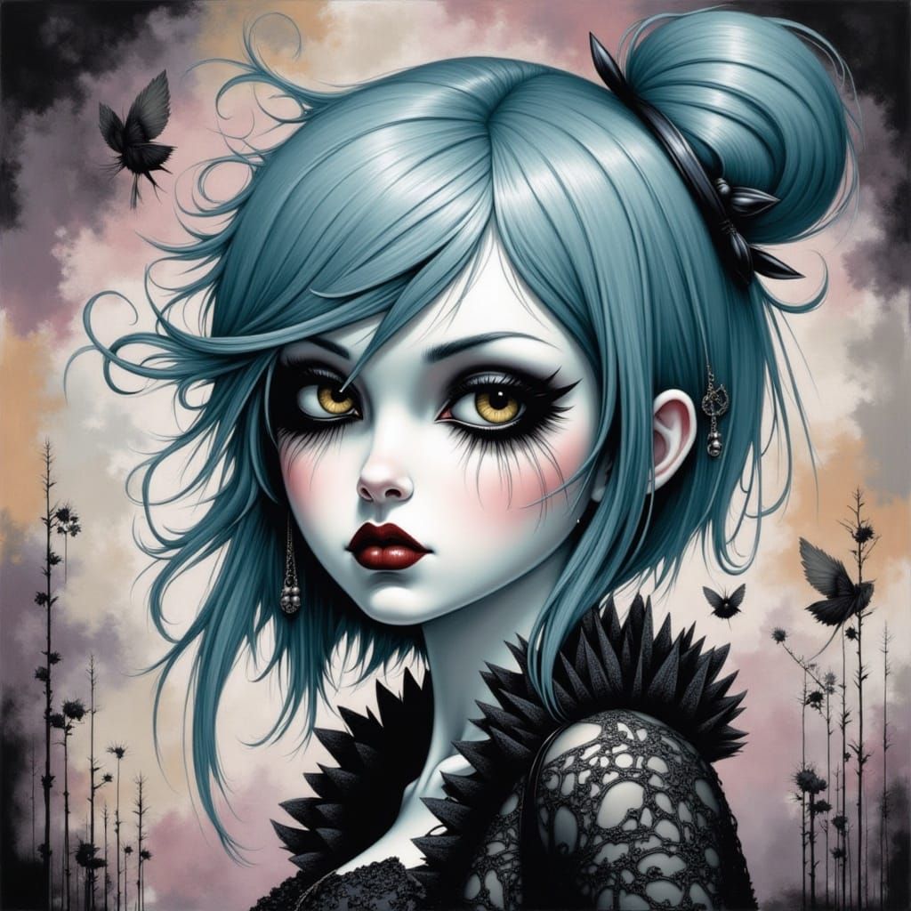 <lora:GPF:1.0> Realistic oil painting portrait. Medium shot. A goth punk girl with wild curly dark brown hair and multi-layered hazel eyes l...