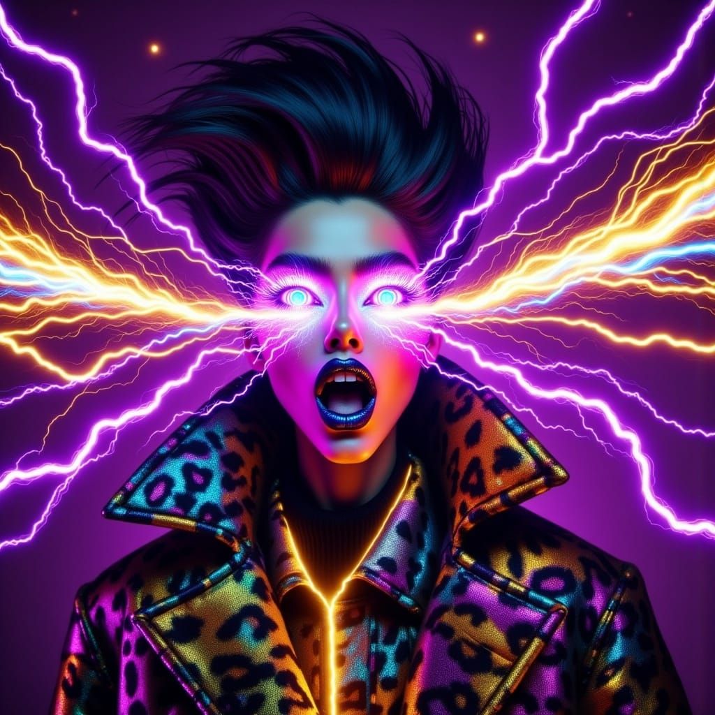 <lora:Electrifying:1.0>A gorgeous woman like a young Cruella de Vil, with big electrifying eyes, wearing a printed animal coat with neon lig...