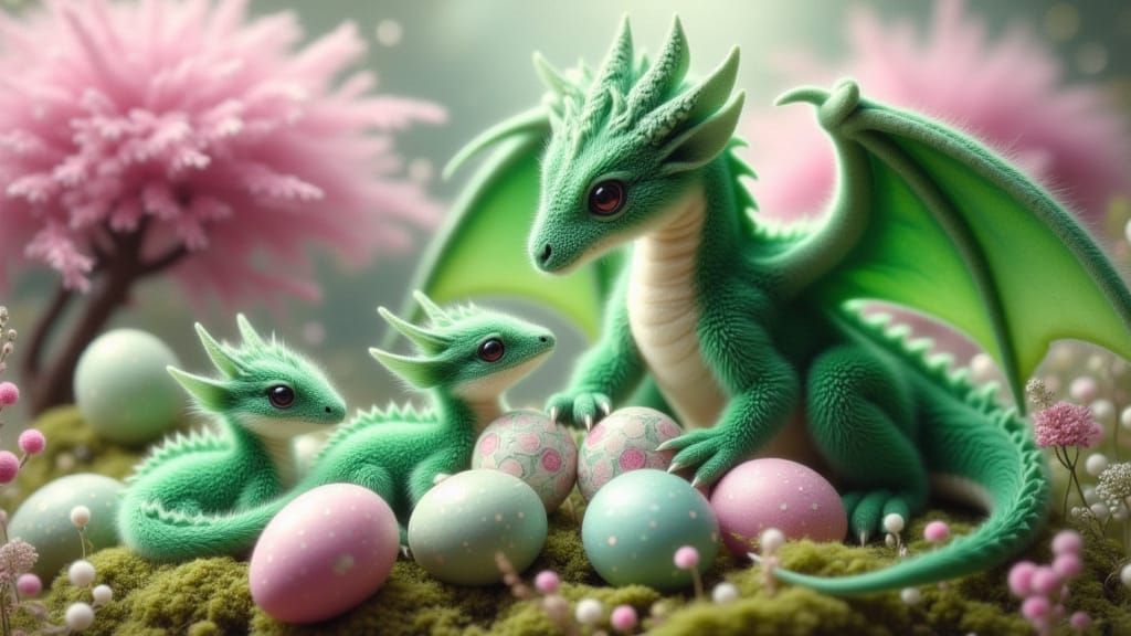 <lora:Fluffer:1.0> A group of baby green dragons are hatching from white and black veined marble eggs.  In the background a larger green mot...