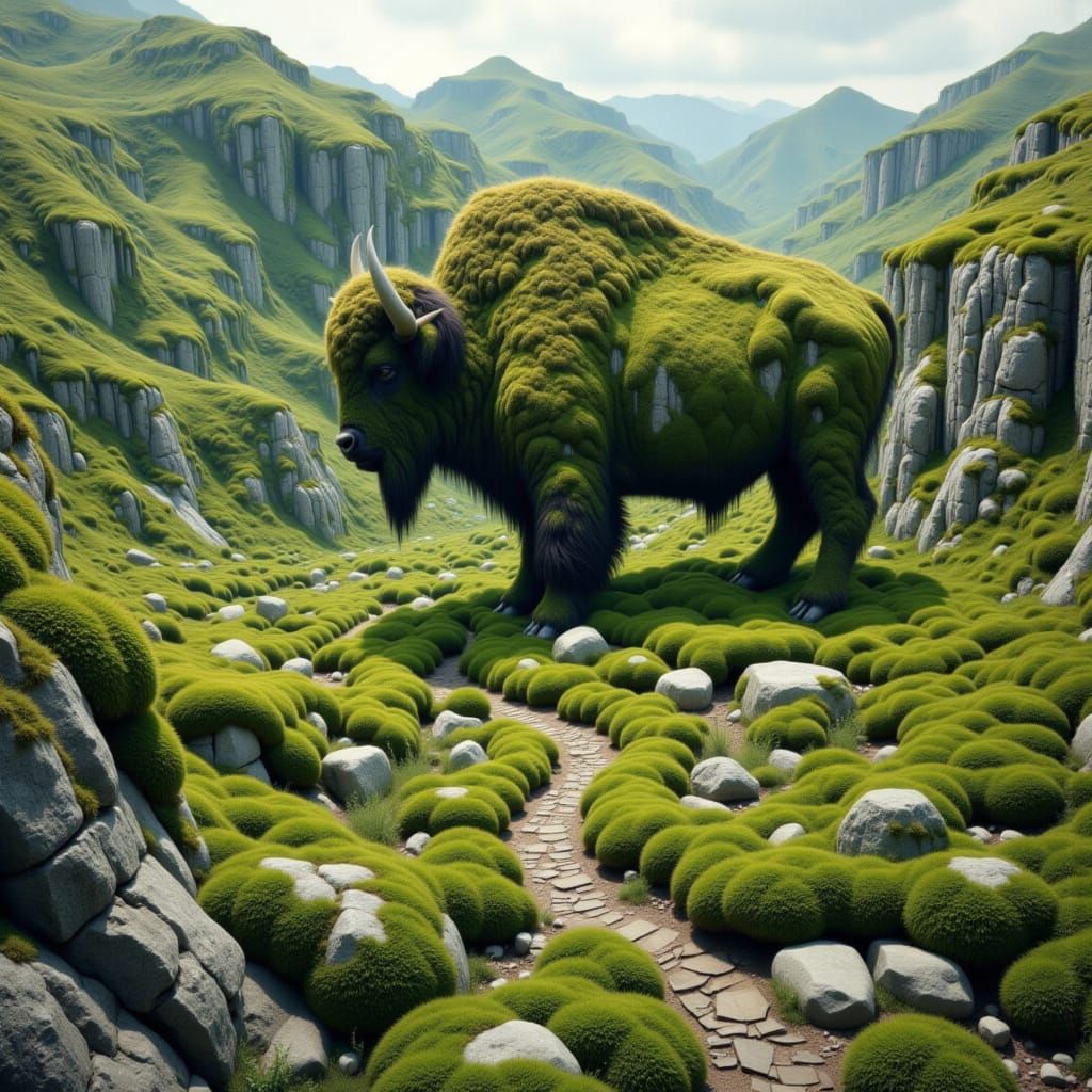 <lora:cryptogam:1.0> Surreal conceptual art bison is part of a landscape formed by rocks, hills and moss, grass with winding paths, hyper-de...