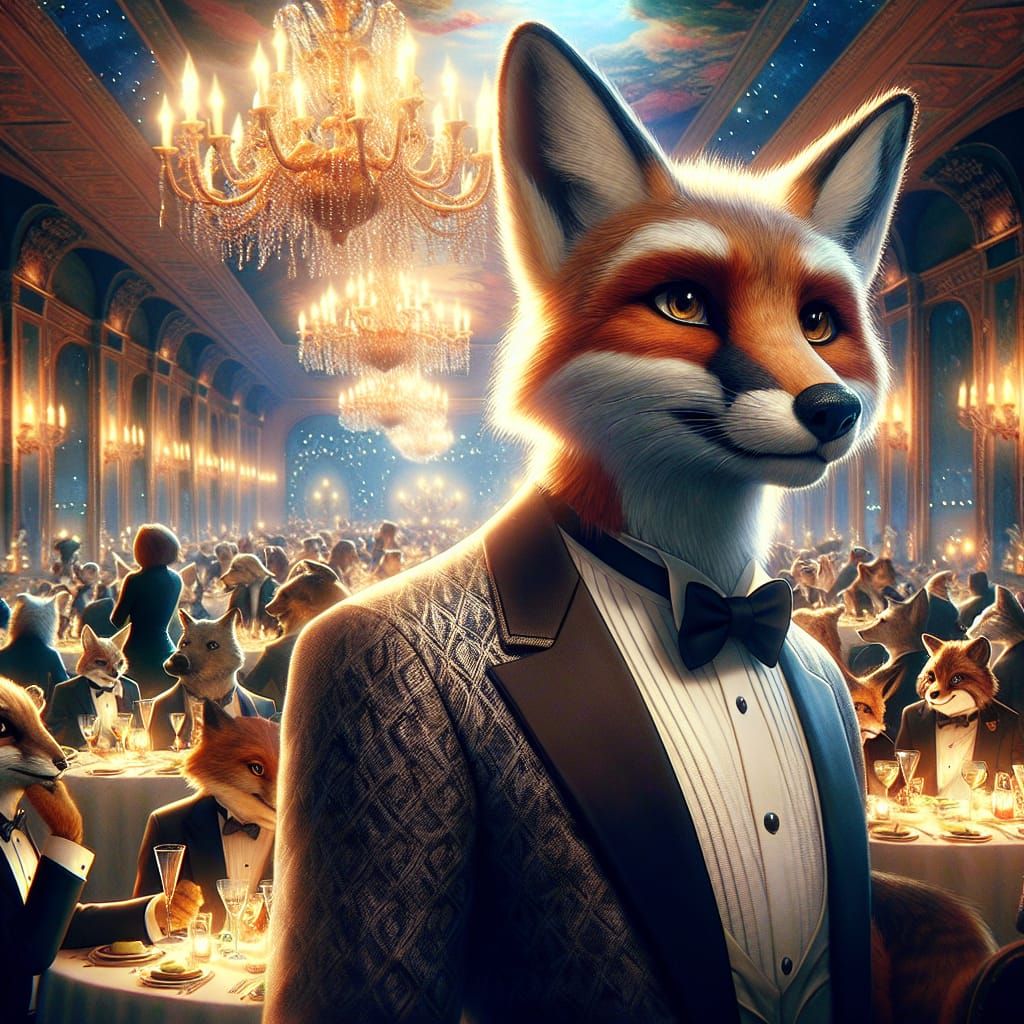 A stylish anthropomorphic fox wearing a tuxedo at a dinner party.