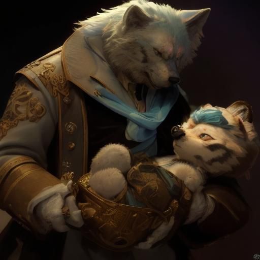 An anthropomorphic non-striped sophisticated icy blue-eyed white Arctic wolf Jimmy Crystal with a distinctive no-stripe ...