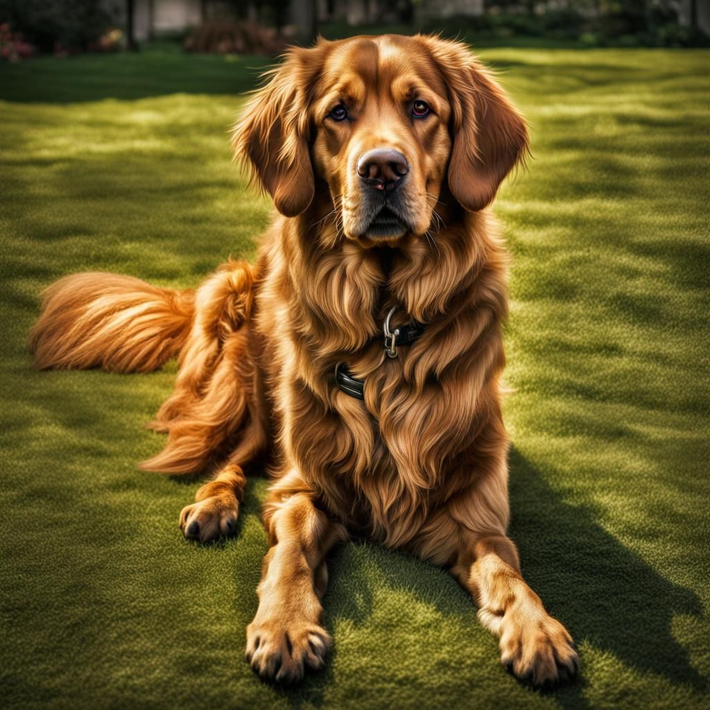 a brown golden retiever dog sitting on a lawn intricate deta...