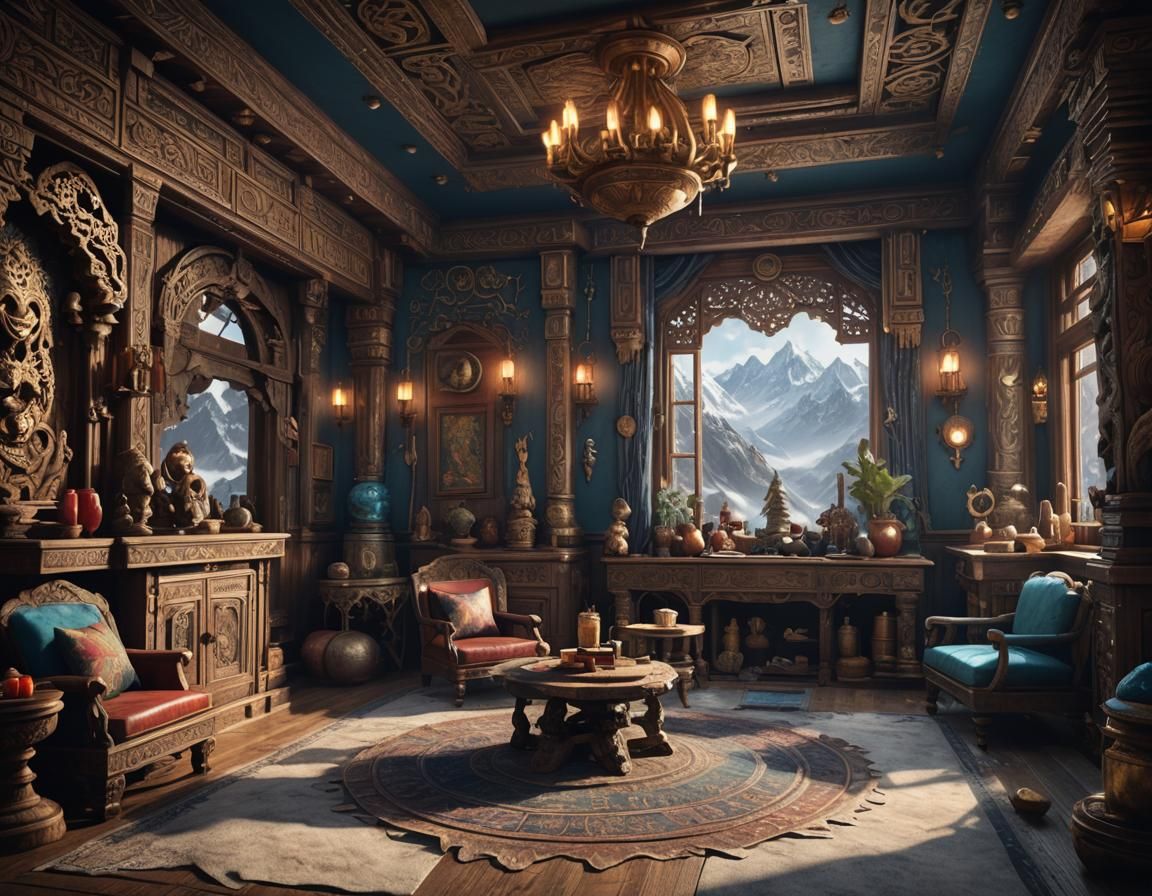 Himalayan mountain lodge yeti theme parlor room
