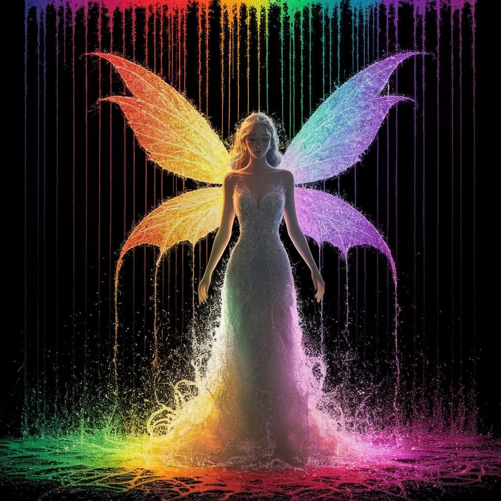 Whimsical Fairy in a Rainbow-Colored Storm
