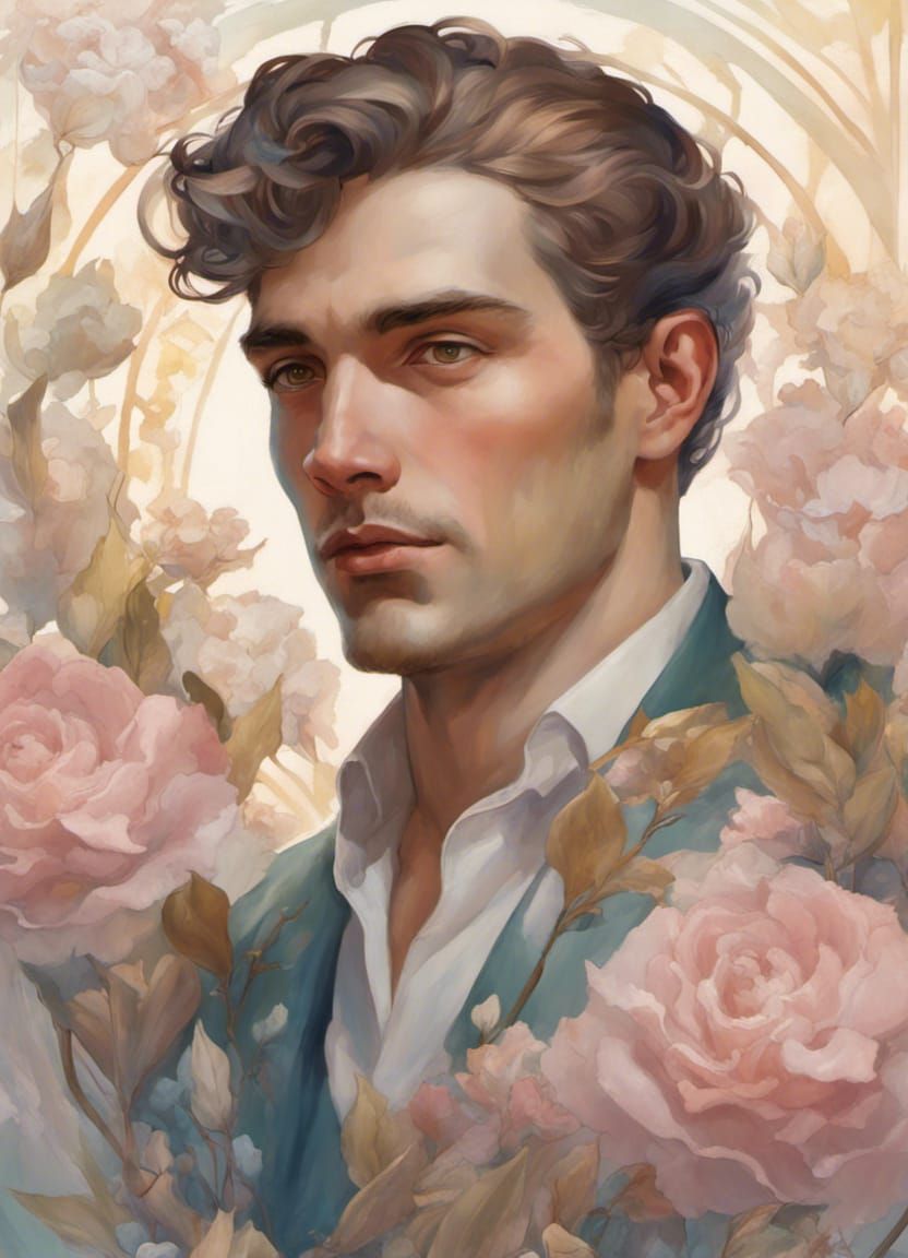 Art Deco Portrait of a Handsome Man with Flowers