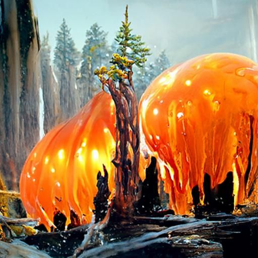 Bubbly fire forest where strings of water runs through.