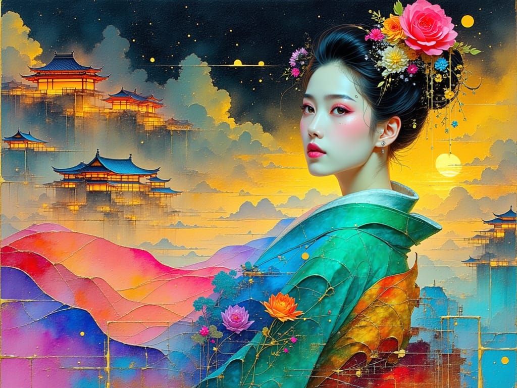 Ethereal Geisha in Futuristic Cityscape: Acrylic Oil Paintin...