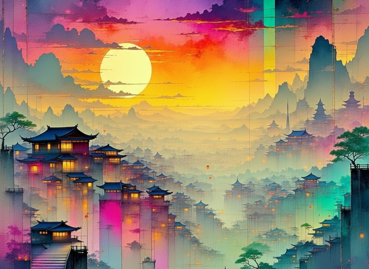 Ethereal Geisha in Futuristic Cityscape, Chinese Ink Wash Ac...