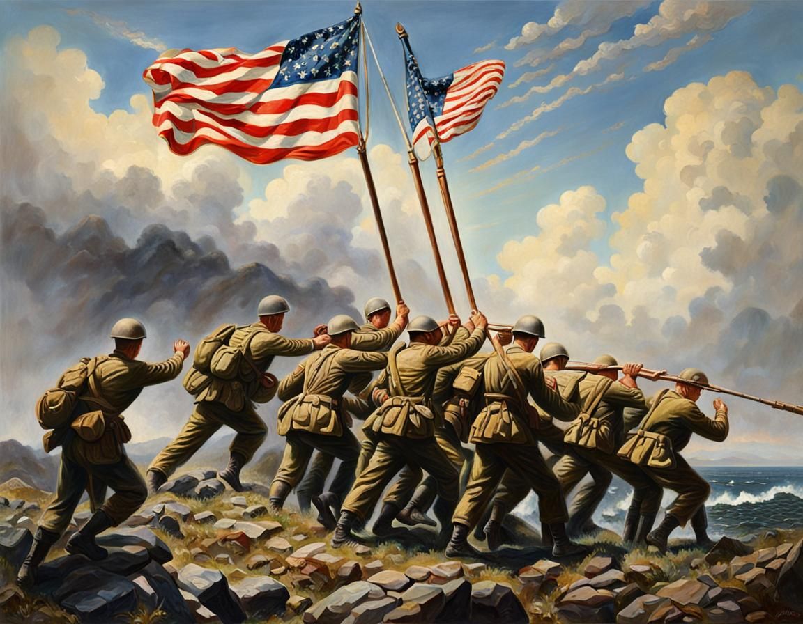 an oil painting of the United States Marines raising the flag on Mount ...