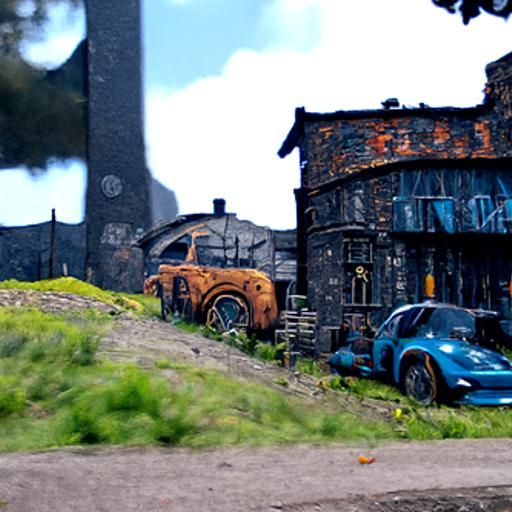 Old factory with a clock on the front wall and an old car wi...