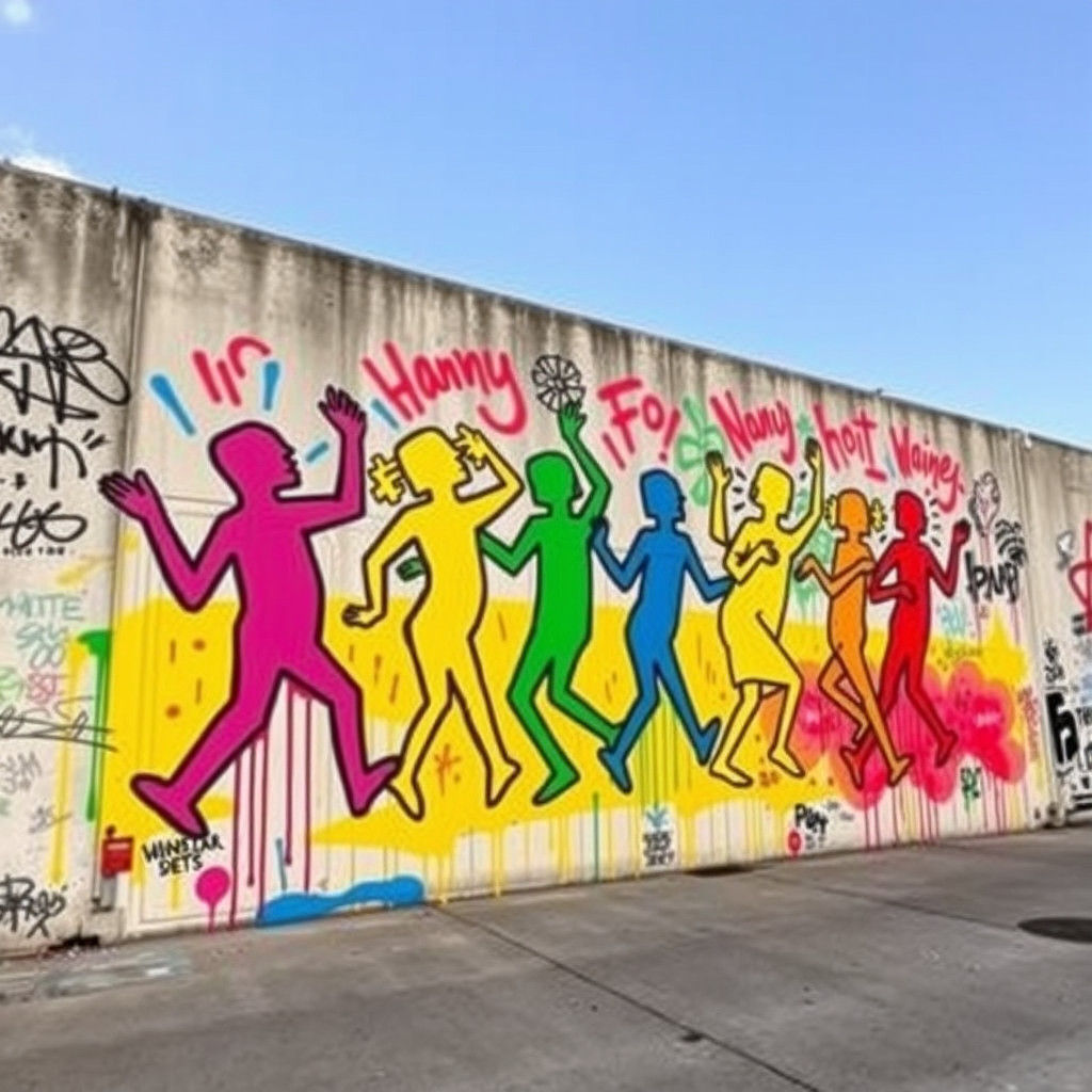 a mural featuring neon-colored, dancing human-like figures
