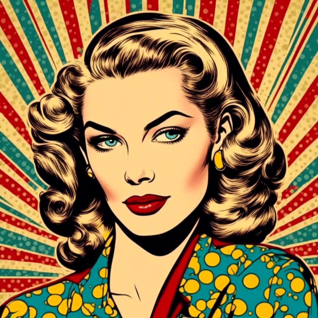  <lora:40s pop fusion:1.0>1940s Lauren Bacall in pop art style 