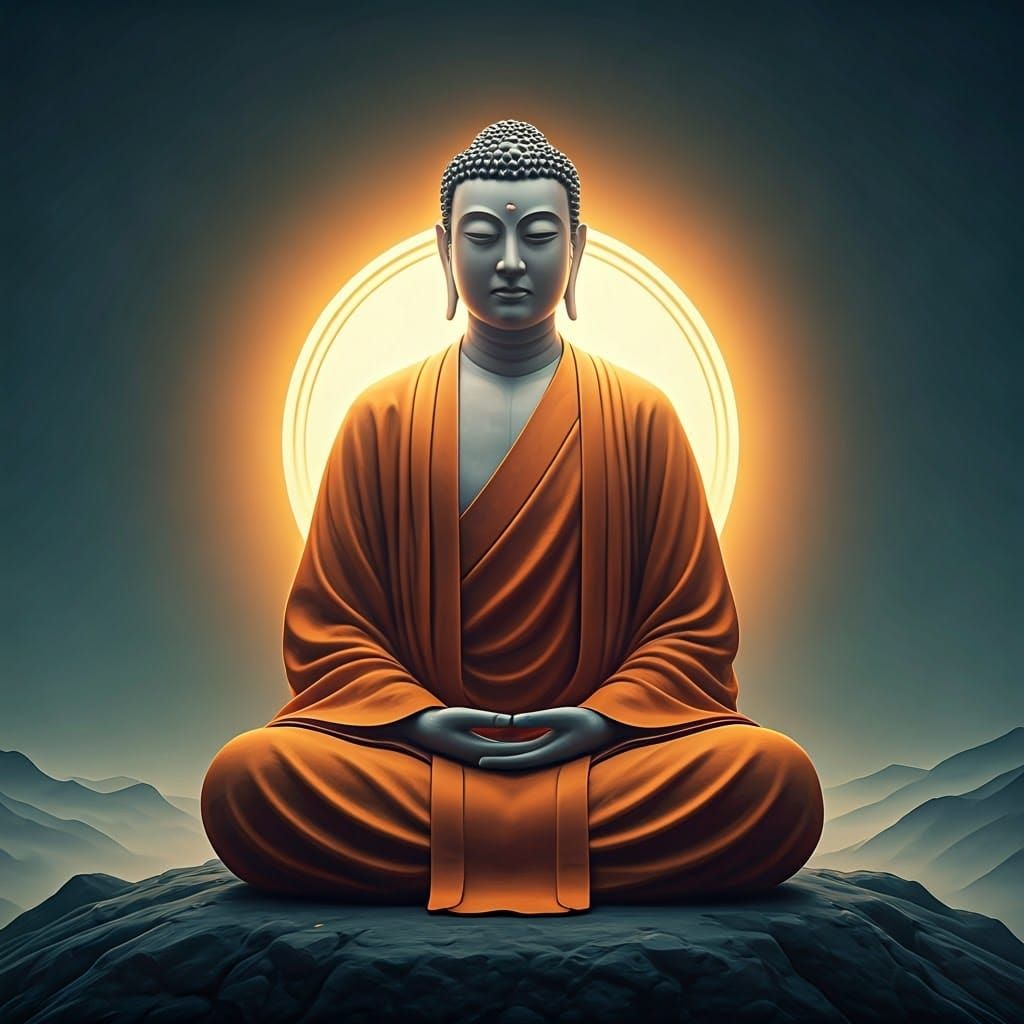 Enigmatic Figure in Golden Light, Tranquil Mountain Scene, B...