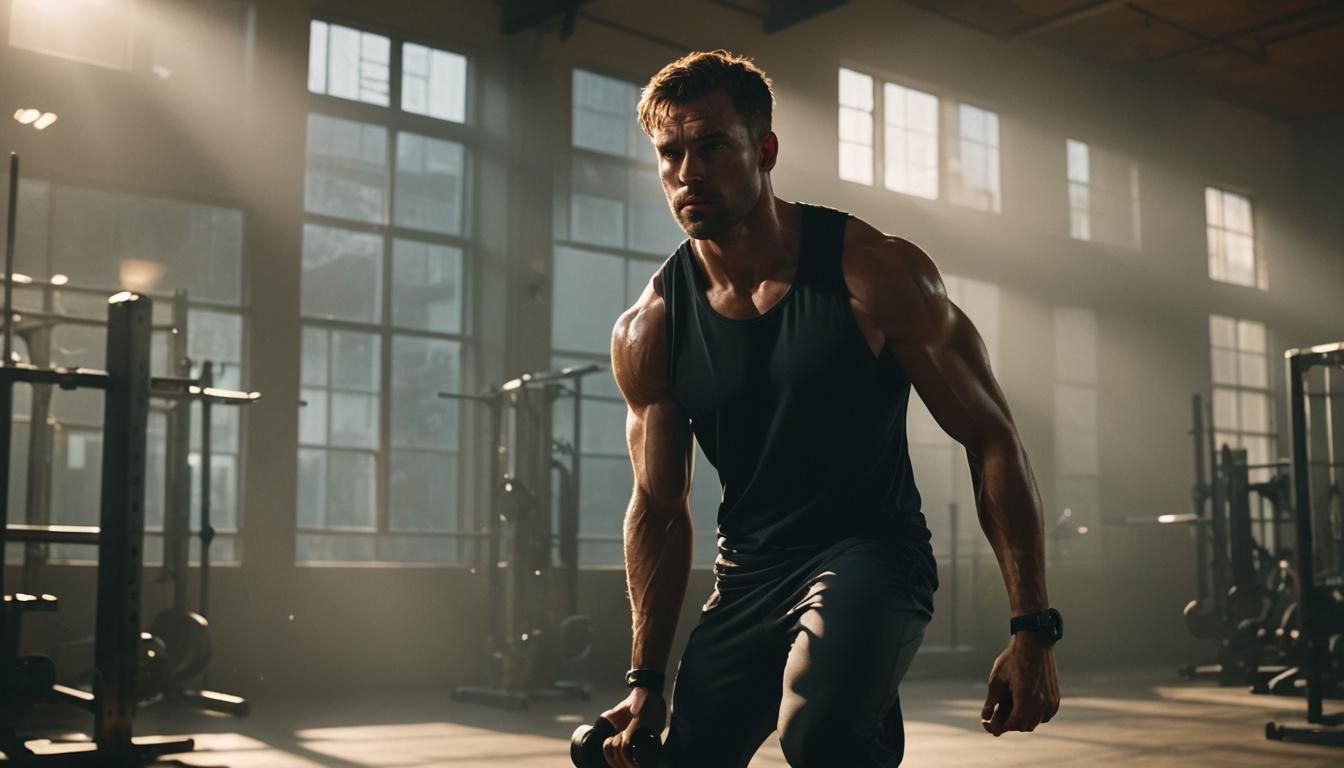A man training in an empty gym early in the morning, the dar...