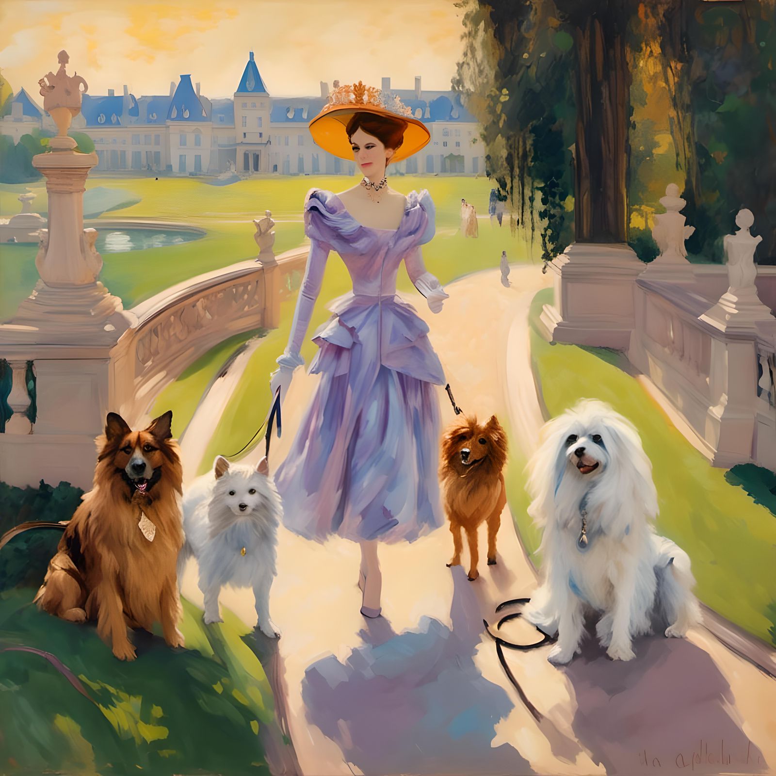 "Biltmore Girl" 

<lora:Color the Enexpected:1.0> Impressionist oil Queen and Two happy dogs greet the King upon his arrival home
