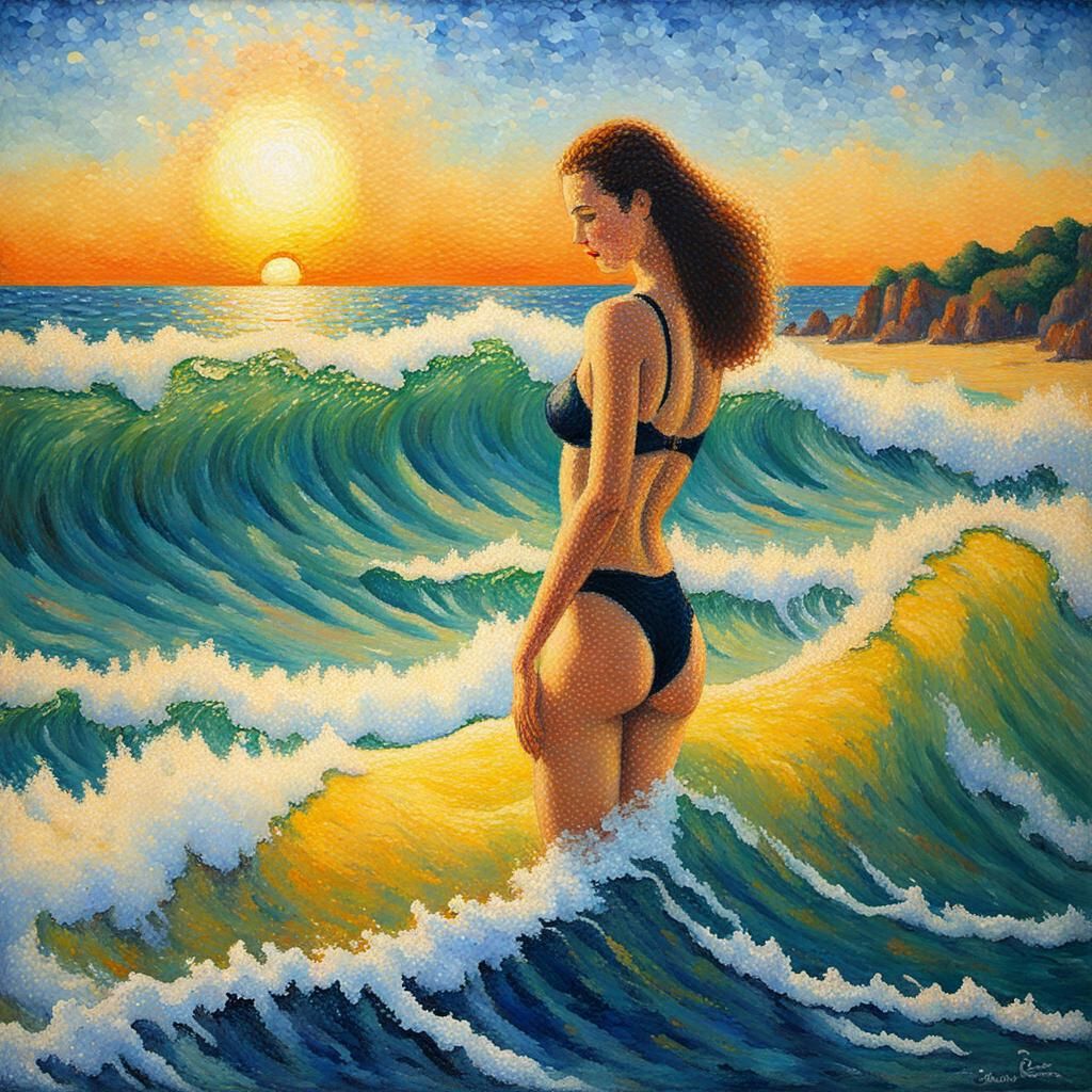 Bikini Model in Pointillist Oil Painting