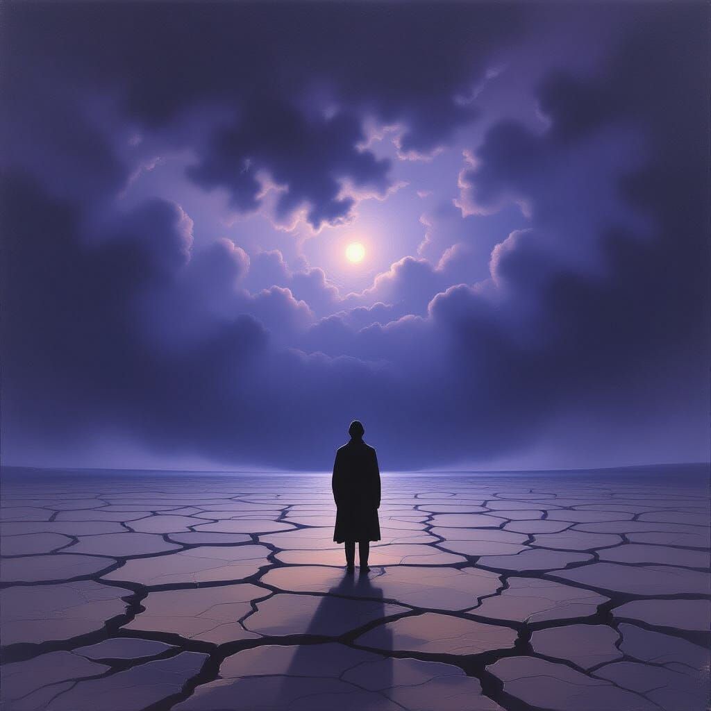 Desolate Figure in Barren Landscape Under Stormy Sky