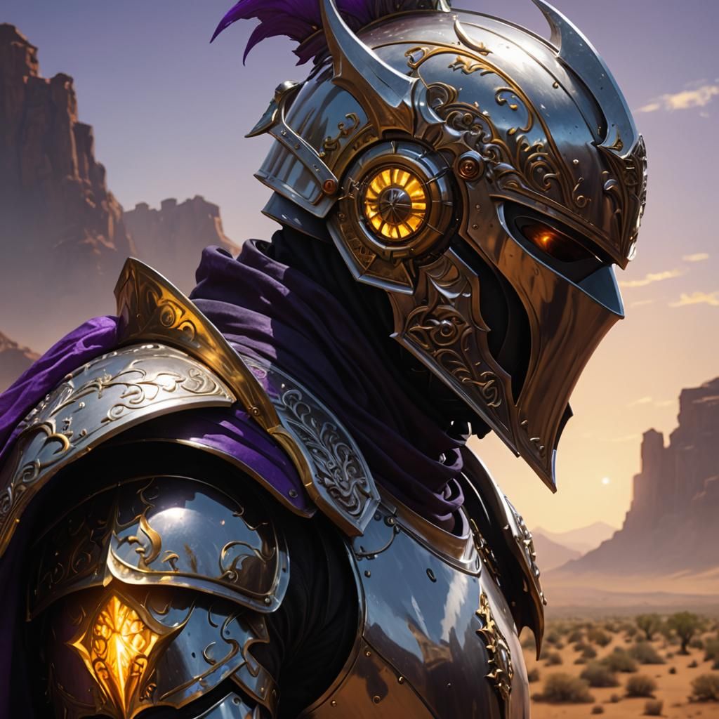 High fantasy epic sci-fi male knight, silver armor, fiery helmet, scenic desert background, high detail, high quality, correct anatomy, 8k r...