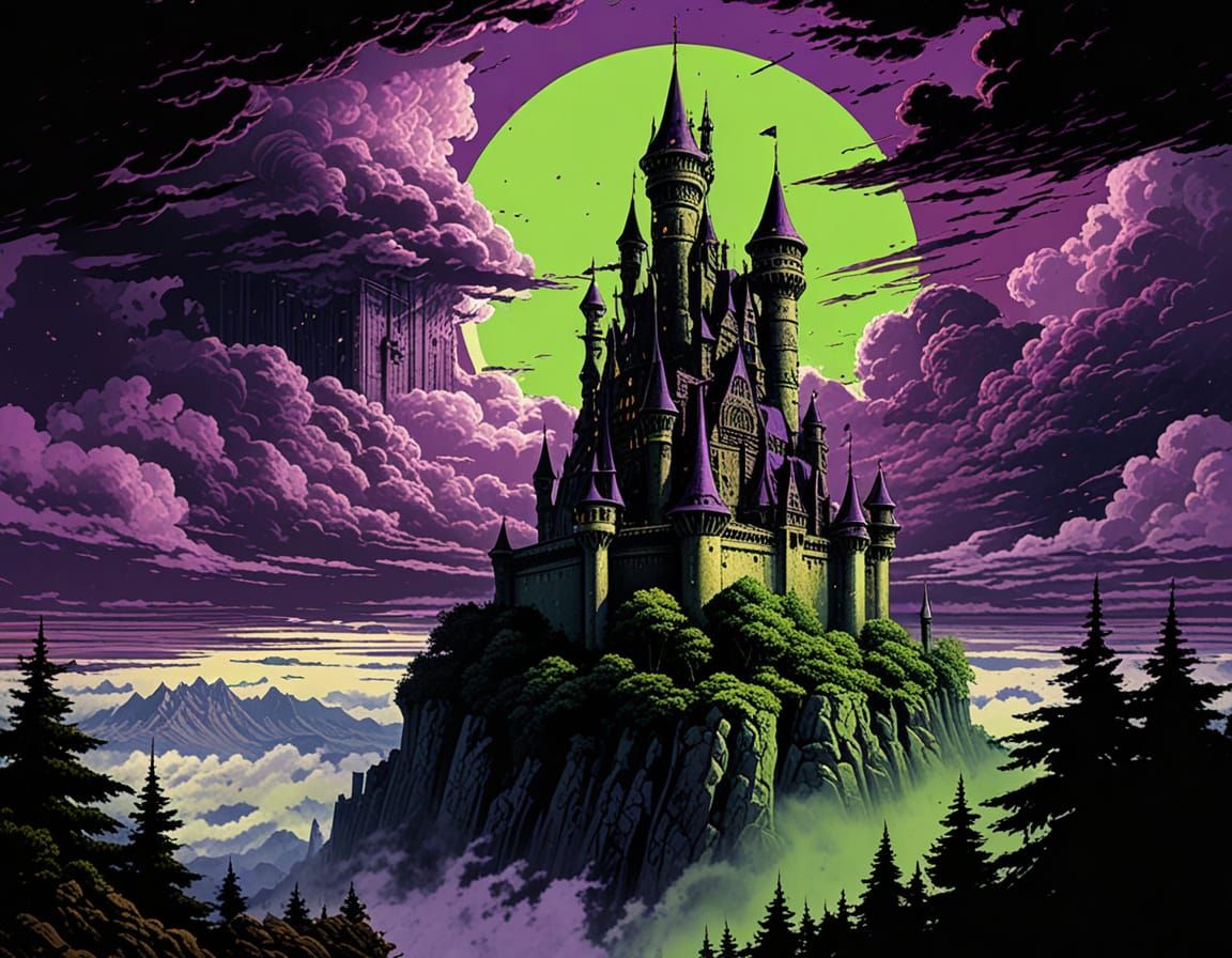 castle in the sky, gothic, robust and Brutalist architecture, purple clouds with radioactive green rims, crosshatched ink art, centered, gol...