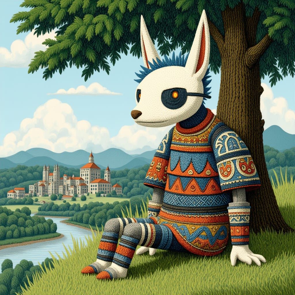 <lora:The Folkdream Set:1.0> A fantasy illustration of an anthropomorphic creature dressed in medieval , sitting under the shade of a tree ...