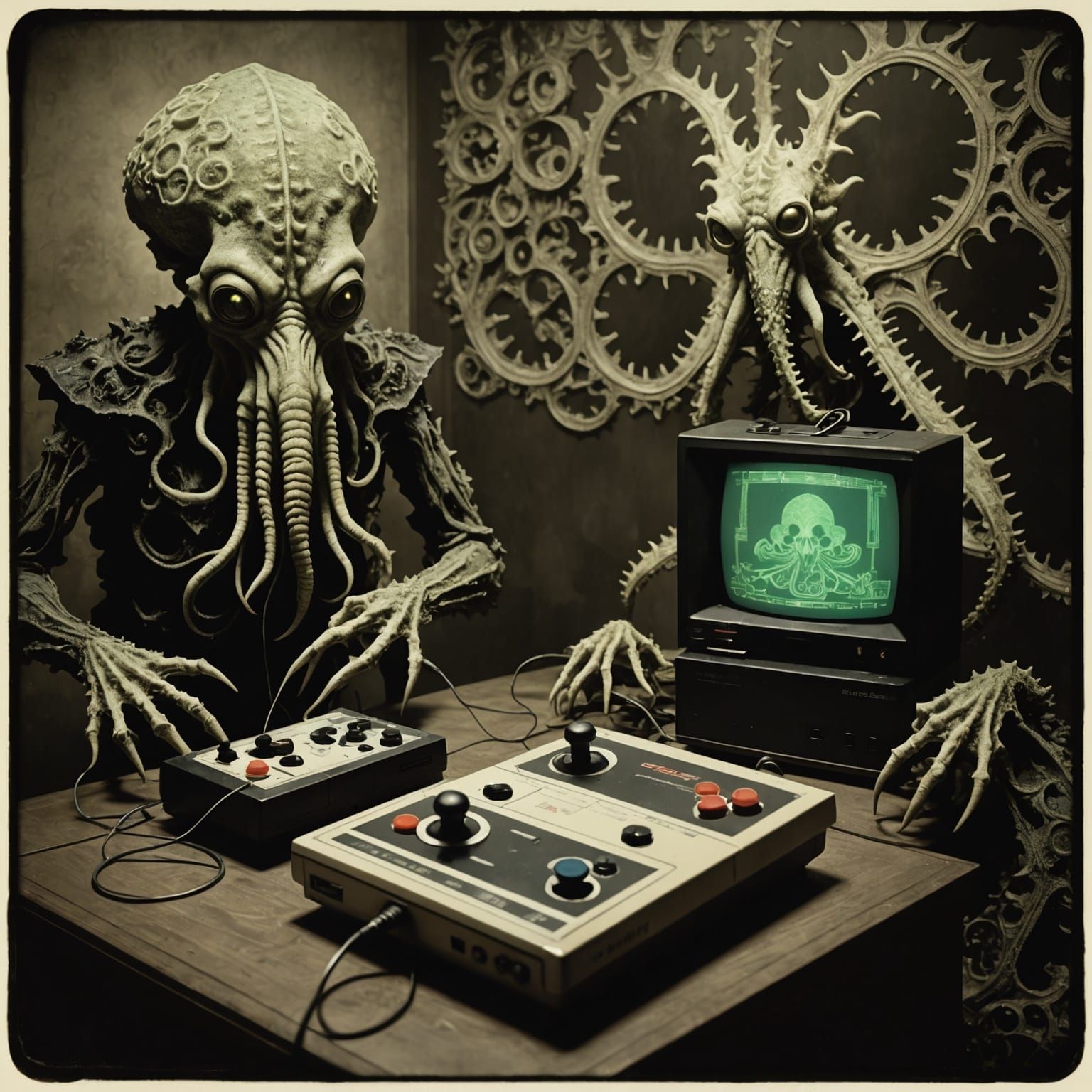 A fading Polaroid photograph of Cthulhu and Eldritch Abomati...