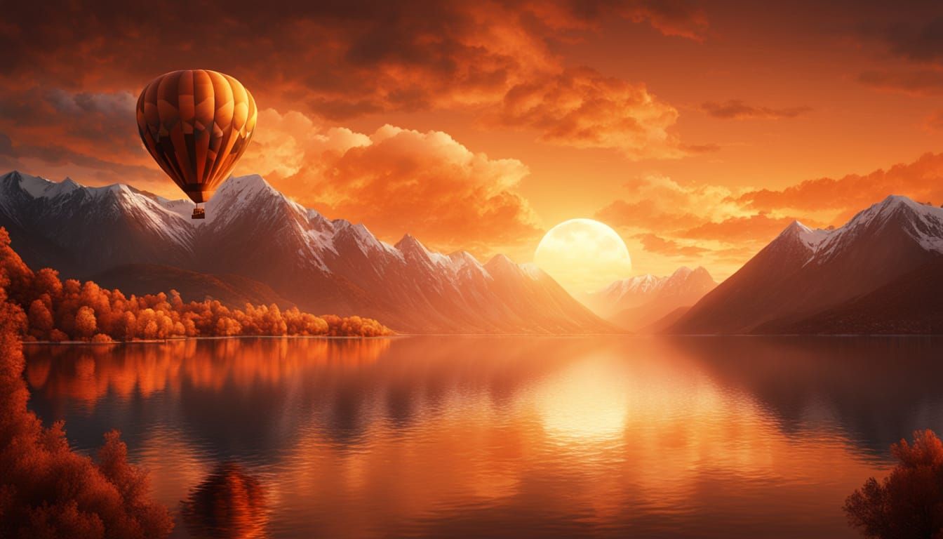 A hot air balloon drifting smoothly across the screen over an orange monochromatic piece of art depicting a beautiful su...