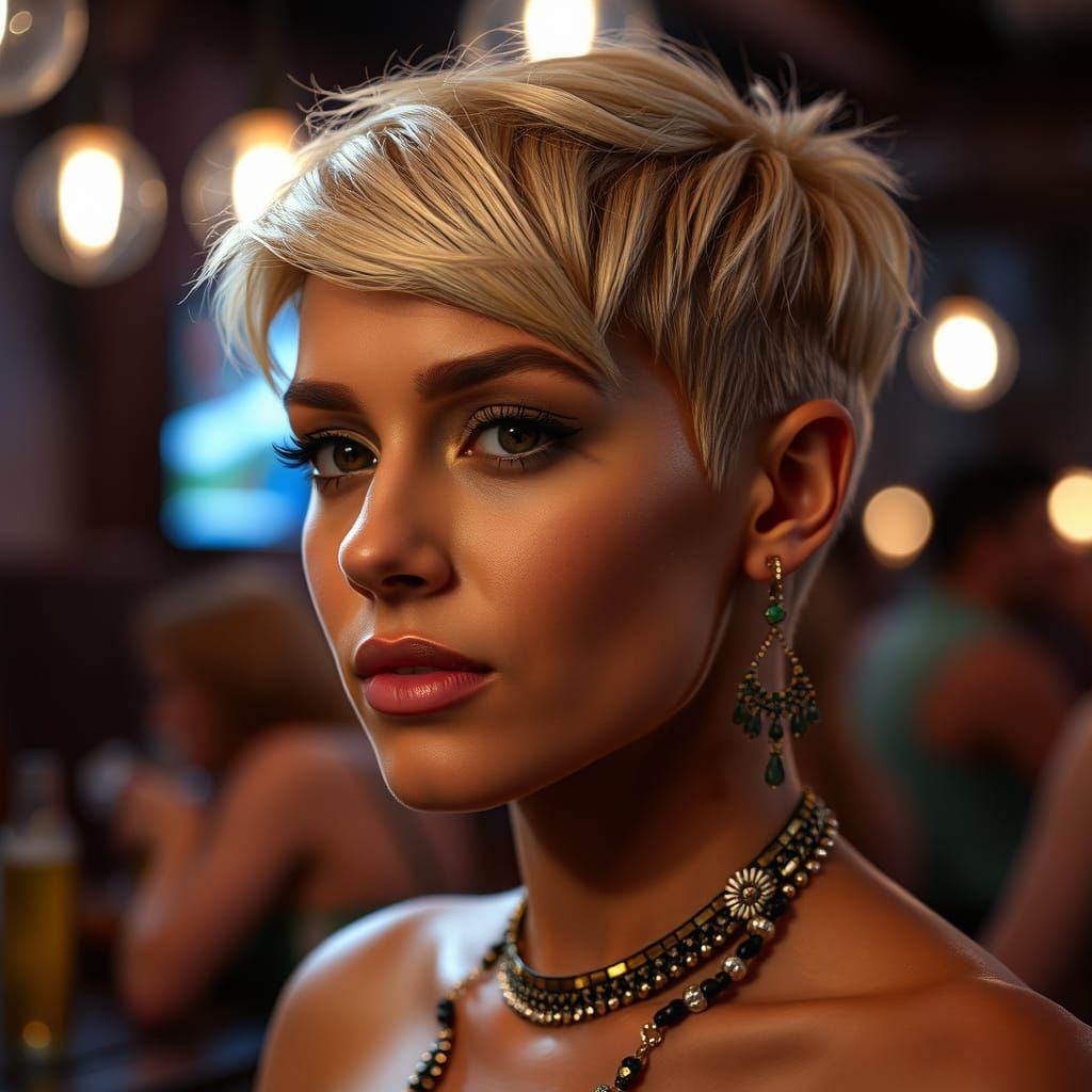 Nubian Woman with Blonde Pixie Cut in Dimly Lit Bar