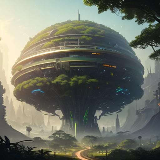 Futuristic Eco-Cityscape with Lush Vegetation and Neon Light...