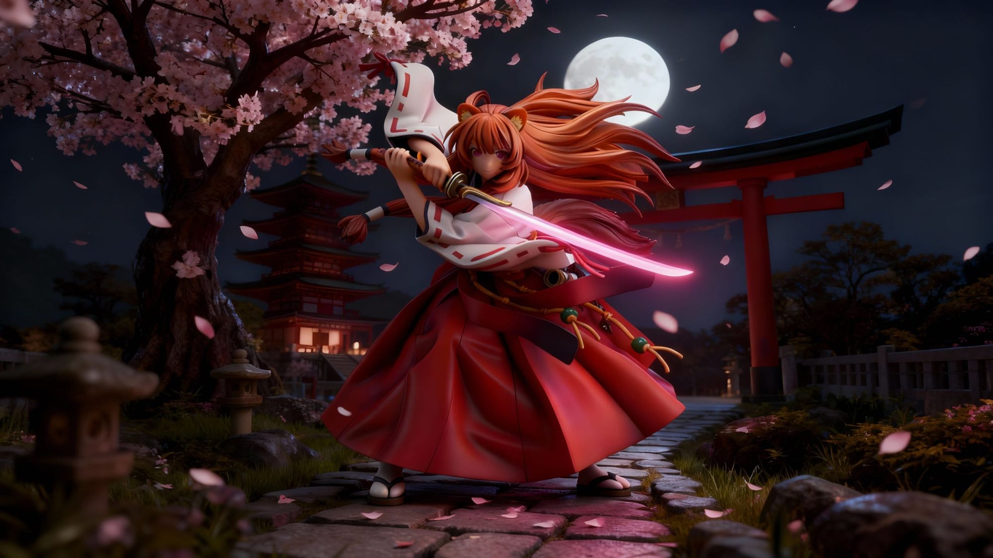 A stylish anthropomorphic fox wearing a kimono under sakura tree with the moon glow on the blade. 
She has her feet on a stone path. With a ...