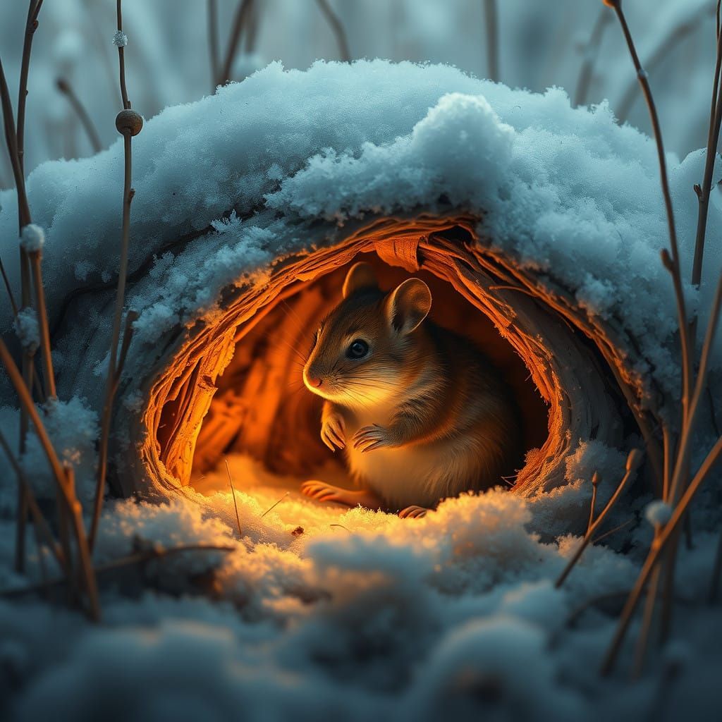 Field mouse in its warm and cozy mouse hole in winter  by @ThomasG