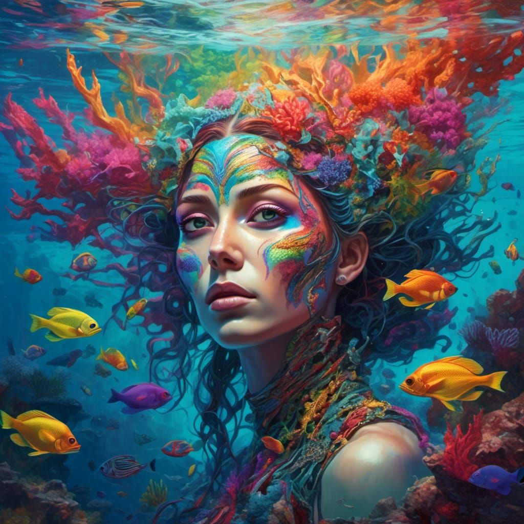beautiful rainbow goddess woman in the ocean surrounded by intricate corals and fish <lora:Tribal Colors:1.0> 