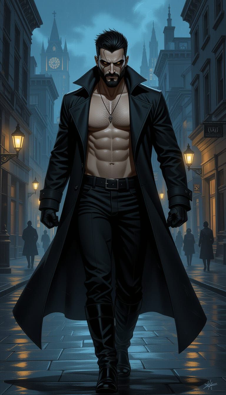 Ultra-detailed illustration in dark fantasy style. Portrait of a mystical, gloomy, and mysterious man with a short, elegant beard, black hai...