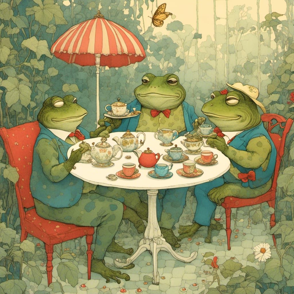 A toad having a tea party with a frog, digital illustration, <lora:primary illustration:1.0>