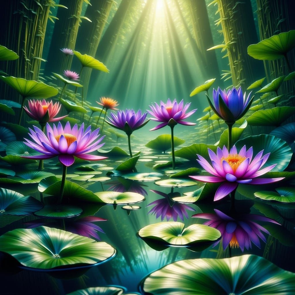 <lora:Flax:1.0> <lora:TexturedFlux:1.0> <lora:SuperHyperrealismFlx:1.0> <lora:Flux Hyperreal:1.0> A pond ...  by @HermioneSheHulkNinja