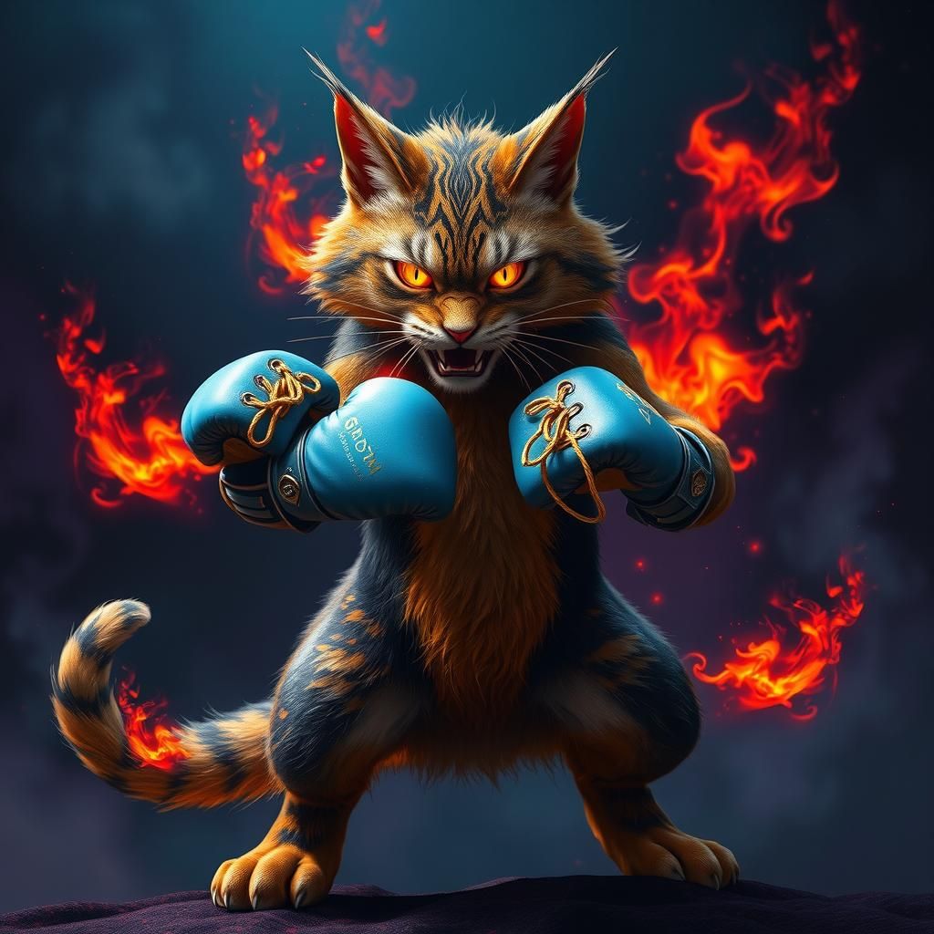 An intense portrait of a bipedal cat that is ready to go for the TKO against his opponent. The cat is wearing blue boxing gloves and has a f...