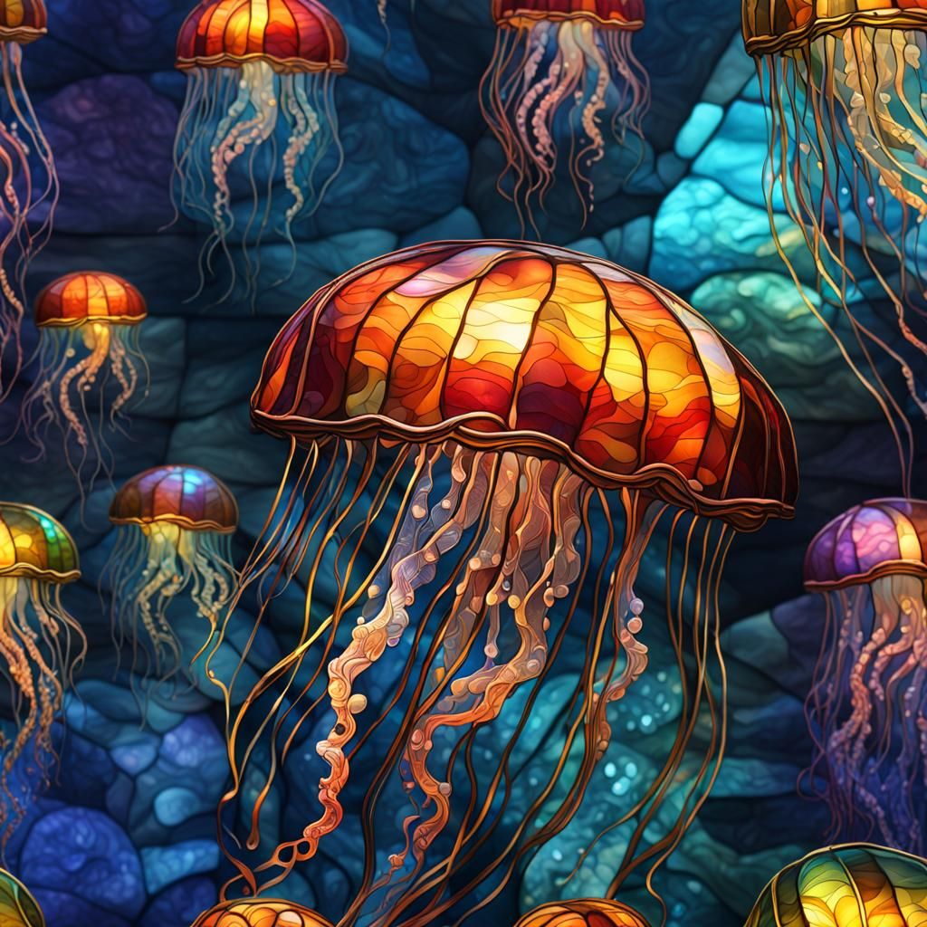 Exquisitely detailed stained glass jellyfish Hyperrealistic, splash art, concept art, mid shot, intricately ...  by @Catlady1961
